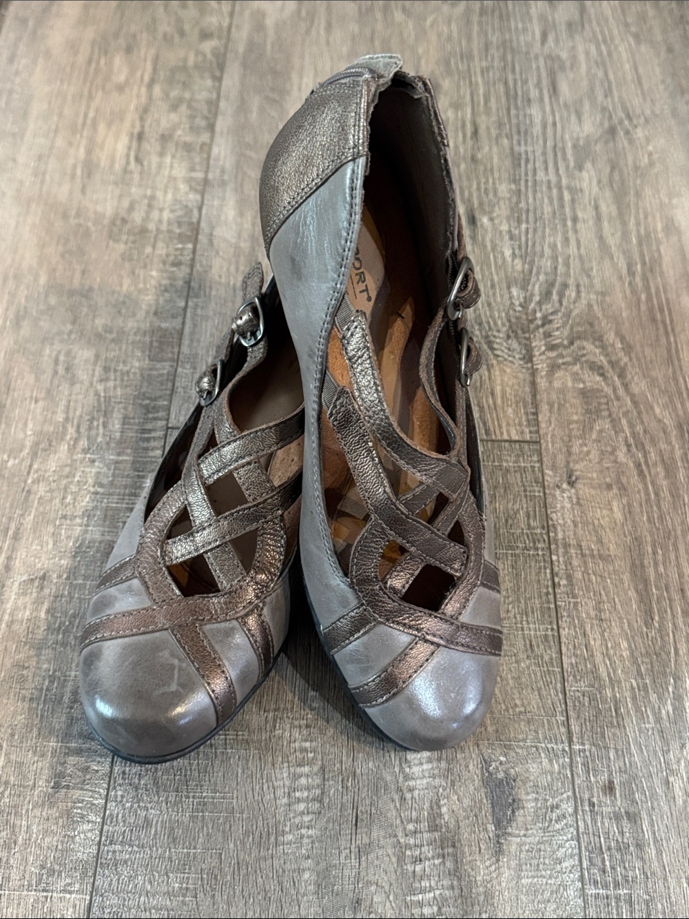 Rockport Gray and Metallic Strappy Leather Heels